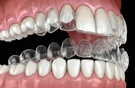 Przezroczyste nakładki Invisalign na zębach, pokazujące proces prostowania zgryzu.
