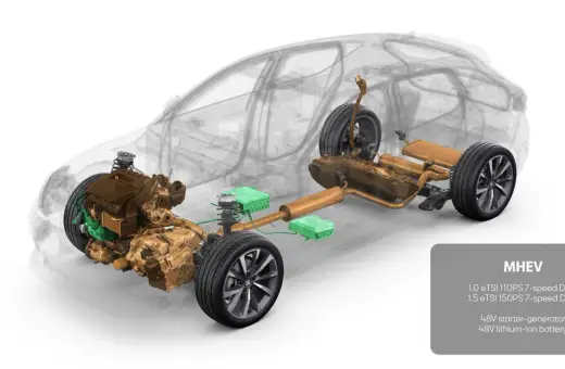 Schemat napędu mild hybrid: silnik, skrzynia biegów DSG, 48V starter-generator i bateria litowo-jonowa.