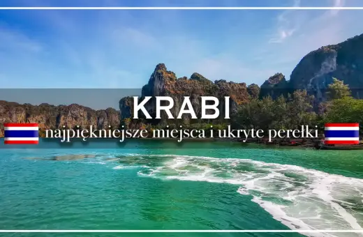 Widok na turkusowe morze i skaliste wybrzeże Ao Nang Beach w Tajlandii. Napis "Krabi" i "najpiękniejsze miejsca i ukryte perełki".