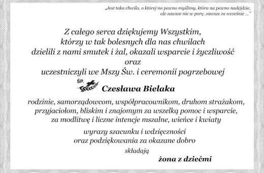 Wyrazy wdzięczności i podziękowania za udział w pogrzebie Czesława Bielaka.
