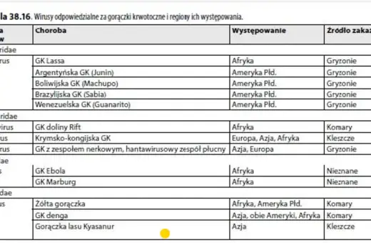 Tabela przedstawia wirusy odpowiedzialne za gorączki krwotoczne, w tym wirus Marburg, jego występowanie w Afryce i nieznane źródło zakażenia.