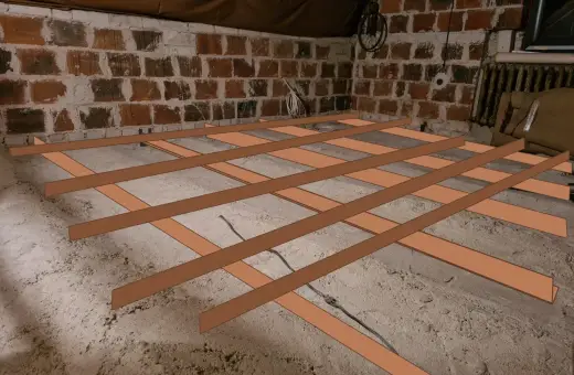 Nowa podłoga z płyt OSB na starych legarach, przygotowana do remontu strychu.
