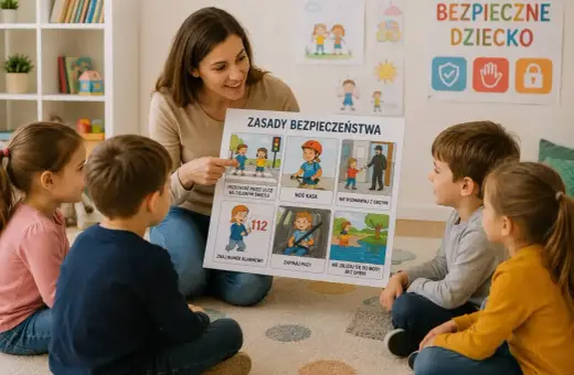 Nauczycielka omawia z dziećmi zasady bezpieczeństwa, pokazując ilustracje dotyczące przechodzenia przez ulicę, jazdy na rowerze i kontaktu z obcymi. Edukacja dla bezpieczeństwa jest kluczowa.