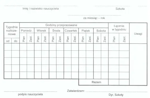 Formularz do rozliczania godzin pracy nauczyciela, uwzględniający plan lekcji i zastępstwa. Służy do obliczania godzin ponadwymiarowych.