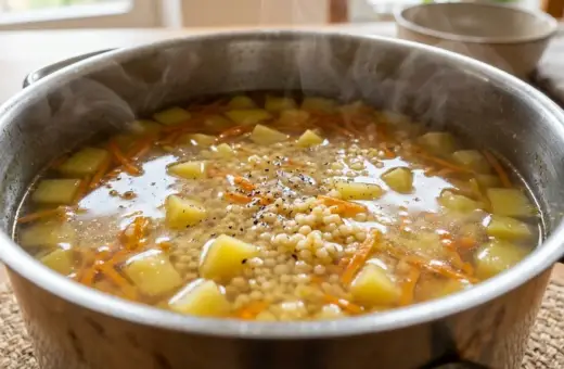 Gorąca zupa na rosole, parująca z garnka, z ziemniakami, marchewką i drobnym makaronem. Idealna na chłodny dzień.