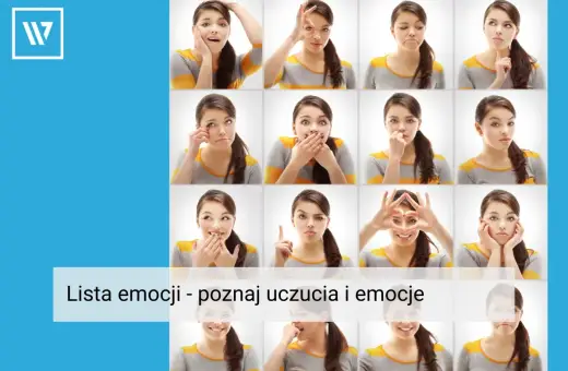 Siatka zdjęć młodej kobiety wyrażającej różne uczucia i emocje: radość, smutek, zaskoczenie, złość.