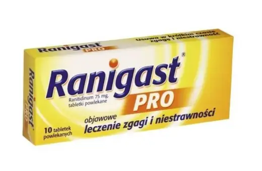 Ranigast PRO na zgagę i niestrawność. Opakowanie 10 tabletek powlekanych z ranitydyną 75 mg.
