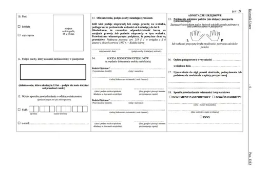Formularz wniosku o paszport dla dziecka, z polami do wypełnienia danych osobowych, zgody rodziców i informacji urzędowych.