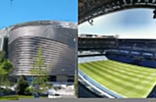 Nowe Santiago Bernabeu w budowie, z nowoczesną fasadą i widokiem na zieloną murawę stadionu.