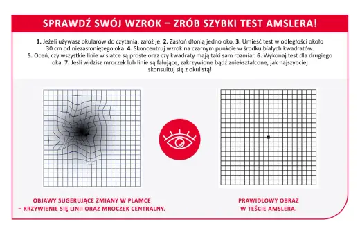Test Amslera: zniekształcone linie i mroczek centralny to objawy sugerujące zmiany w plamce. Plamka bez refleksu co to znaczy? Skonsultuj się z okulistą.