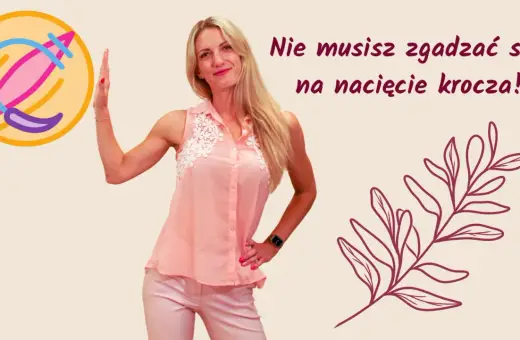 Kobieta w różowej bluzce i spodniach, z symbolem na kółku, mówi: "Nie musisz zgadzać się na nacięcie krocza!".