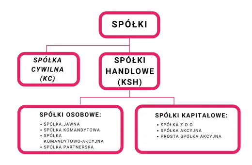 Schemat podziału spółek. Wśród spółek handlowych wyróżniono spółki osobowe (jawna, komandytowa, komandytowo-akcyjna, partnerska) i kapitałowe (z o.o., akcyjna, prosta spółka akcyjna).