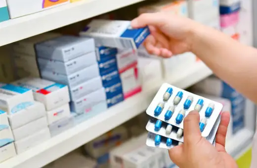 Ręka farmaceuty wybiera z półki lek, w tym antybiotyk azytromycyna w blistrach.