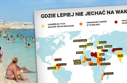 Mapa świata z zaznaczonymi krajami, do których odradza się podróże. Idealna do planowania fajnych miejsc na wakacje za granicą, ale z uwagą na te oznaczone na czerwono.