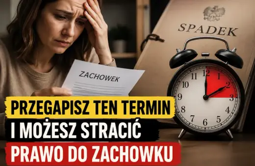 Zmartwiona kobieta trzyma dokument "Zachowek". Obok budzik i akta spadkowe. Uważaj na przedawnienie, by nie stracić prawa do zachowku.