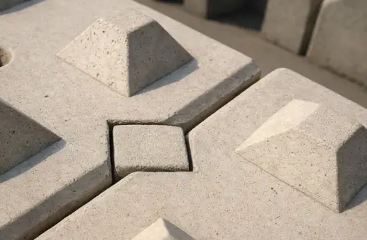 Betonowe pustaki zalewowe z wypustkami i wgłębieniami, tworzące stabilną, geometryczną powierzchnię.