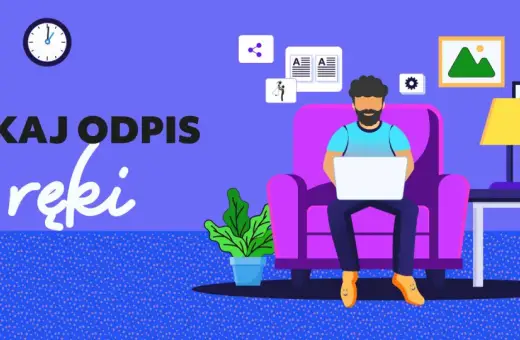 Uzuyskaj odpis aktu małżeństwa online. Mężczyzna siedzi w fotelu z laptopem, a obok wisi obrazek pary młodej.