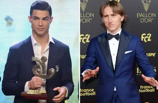 Cristiano Ronaldo z trofeum, obok Luka Modrić, który zdobył Złotą Piłkę.