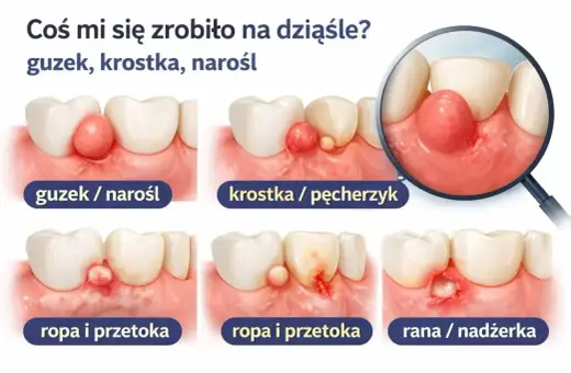 Twardy guzek na żuchwie, krostka, narośl lub rana na dziąśle. Ilustracje pokazują różne zmiany przy zębach.