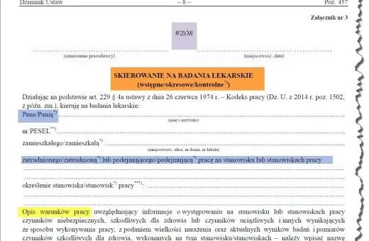 Skierowanie na badania lekarskie (wstępne/okresowe/kontrolne) dla pracownika.