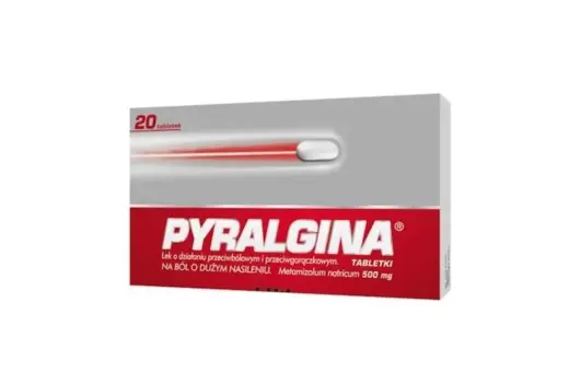 Opakowanie Pyralginy 20 tabletek na silny ból i gorączkę.