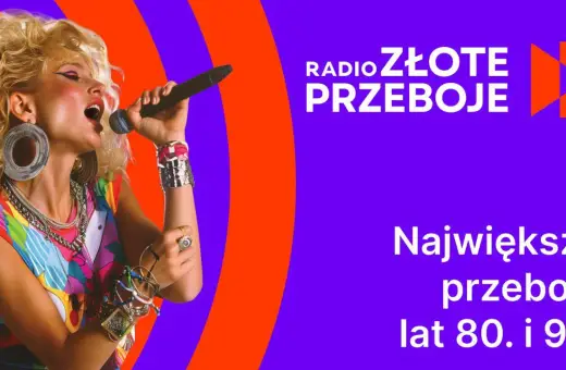 Kobieta z burzą blond włosów śpiewa do mikrofonu, ubrana w kolorowy strój i biżuterię w stylu lat 80. Logo "Radio Złote Przeboje" i napis "Największe przeboje lat 80. i 90." podkreślają klimat.