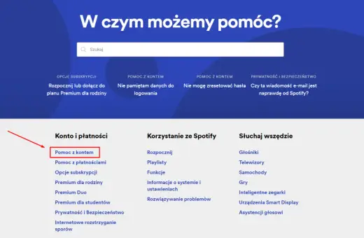 Szukasz informacji, jak usunąć konto na Spotify? Kliknij "Pomoc z kontem", aby znaleźć odpowiedzi.