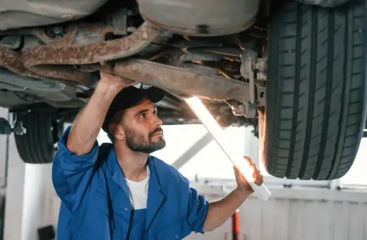 Mechanik w niebieskim kombinezonie oświetla latarką podwozie samochodu. Zastanawiasz się, ile trwa przegląd samochodu?