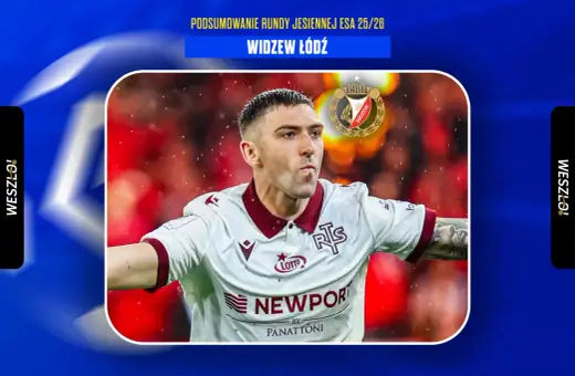 Piłkarz Widzewa Łódź w białej koszulce z bordowymi elementami, z herbem klubu na piersi. Podsumowanie rundy jesiennej ESA 25/26.