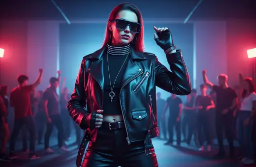 Kobieta w skórzanej kurtce i okularach, w tłumie na imprezie techno.
