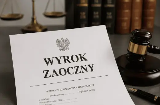 Dokument z napisem "WYROK ZAOCZNY" leży obok młotka sędziowskiego i wagi sprawiedliwości.