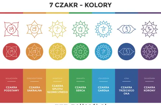 Siedem czakr, od podstawy po czakrę trzeciego oka i czakrę korony, z symbolami i kolorami.