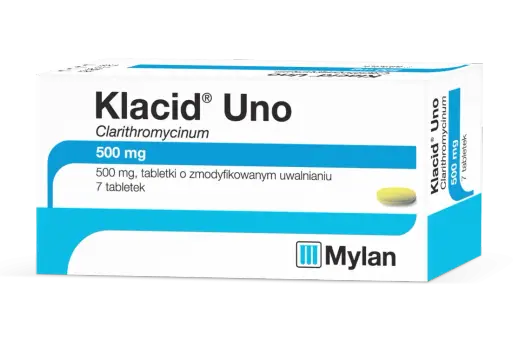 Opakowanie leku Klacid Uno 500 mg z jedną tabletką. Klacid to antybiotyk.