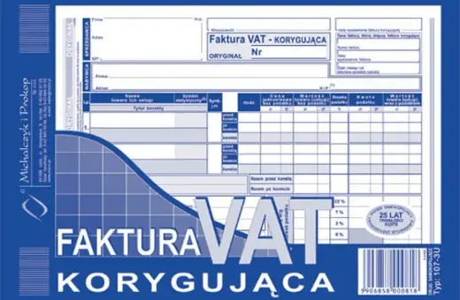 Formularz faktury korygującej VAT z polami do wypełnienia danych sprzedawcy, nabywcy i szczegółów korekty.