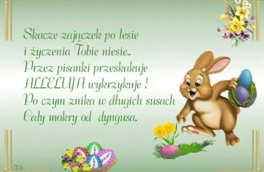 Wesoły zajączek z koszyczkiem pisanek niesie życzenia i krótkie wierszyki wielkanocne.