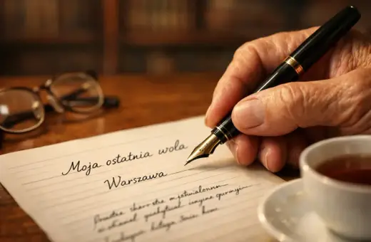 Dłoń pisze piórem na papierze "Moja ostatnia wola, Warszawa". Obok okulary i filiżanka herbaty.
