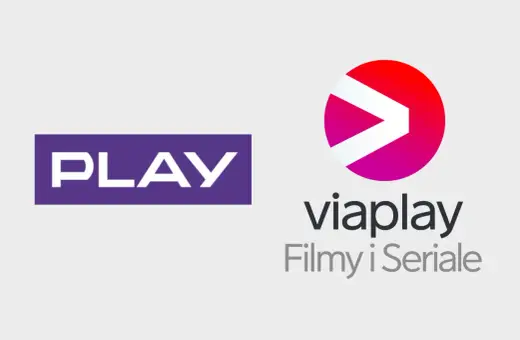 Logo PLAY obok logo Viaplay z napisem "Filmy i Seriale".