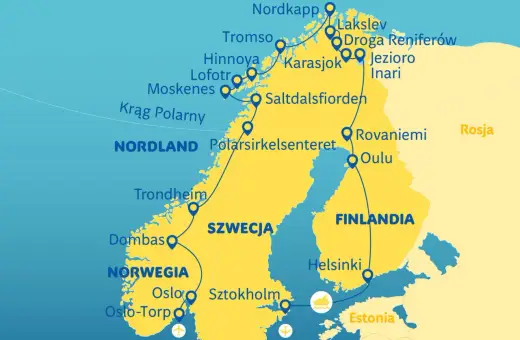 Mapa pokazuje trasę podróży przez koło podbiegunowe w Norwegii, Szwecji i Finlandii, z zaznaczonymi miastami jak Nordkapp, Tromso, Rovaniemi.