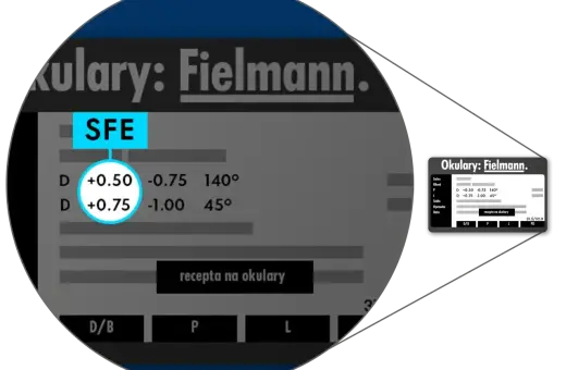 Recepta na okulary Fielmann. Pokazuje parametry soczewek, np. addycja co to jest, moc sferyczną i cylindryczną.