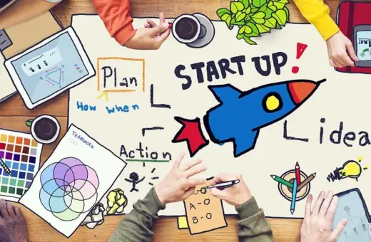 Zespół planuje start-up, tworząc mapę myśli z rakietą symbolizującą rozwój. To idealny obrazek dla prostej spółki akcyjnej.