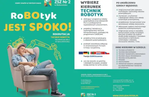 Młody mężczyzna w fotelu, obok schemat robota. Rekrutacja na kierunek technik robotyk w ZSZ Nr 2 w Białymstoku.