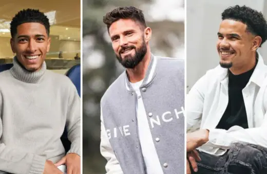 Trzech przystojnych piłkarzy: Jude Bellingham, Olivier Giroud i Mason Mount, uśmiechają się do obiektywu.