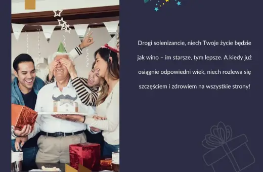 Rodzina świętuje urodziny seniora, wręczając mu tort z wąsami. Krótkie życzenia urodzinowe dla starszej osoby: "Niech życie będzie jak wino - im starsze, tym lepsze!".