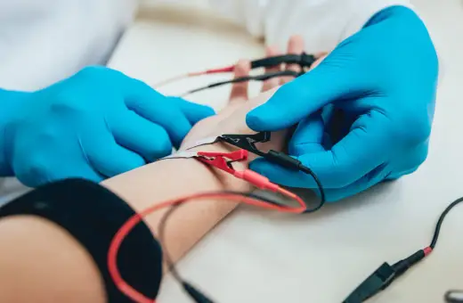 Lekarz w niebieskich rękawiczkach podłącza elektrody do ręki pacjenta. To badanie EMG, które pozwala ocenić funkcję nerwów i mięśni.