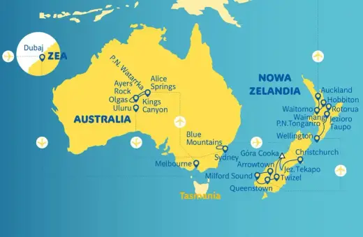 Mapa pokazuje, gdzie leży Australia, z zaznaczonymi atrakcjami jak Uluru i Sydney, oraz Nową Zelandię.