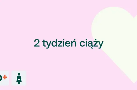 2 tydzień ciąży. Delikatny róż i jasna zieleń tworzą tło dla tekstu i ikon symbolizujących etapy ciąży.
