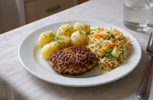 Smaczne obiady domowe przepisy: kotlet mielony, ziemniaki z koperkiem i surówka z młodej kapusty. Idealny posiłek na co dzień.