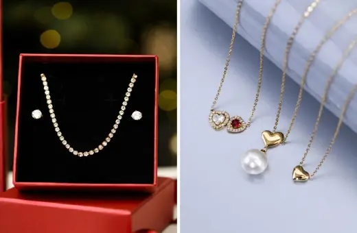 Biżuteria na prezent: naszyjnik z cyrkoniami i kolczyki w pudełku, naszyjniki z sercami i perłą. Idealne na galentines co to za okazja?