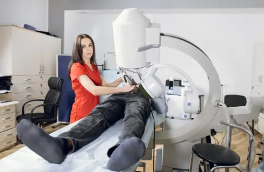 Lekarka przygotowuje pacjenta do zabiegu laserowego usuwania kamieni nerkowych.