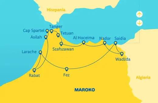 Mapa podróży po Maroku z Hiszpanii. Trasa obejmuje Tanger, Szafszawan, Fez, Rabat i inne miasta.
